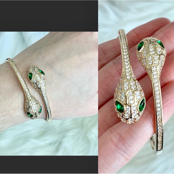 Gold Crystal Double Head Snake Cuff Bracelet - Picture 5 of 16